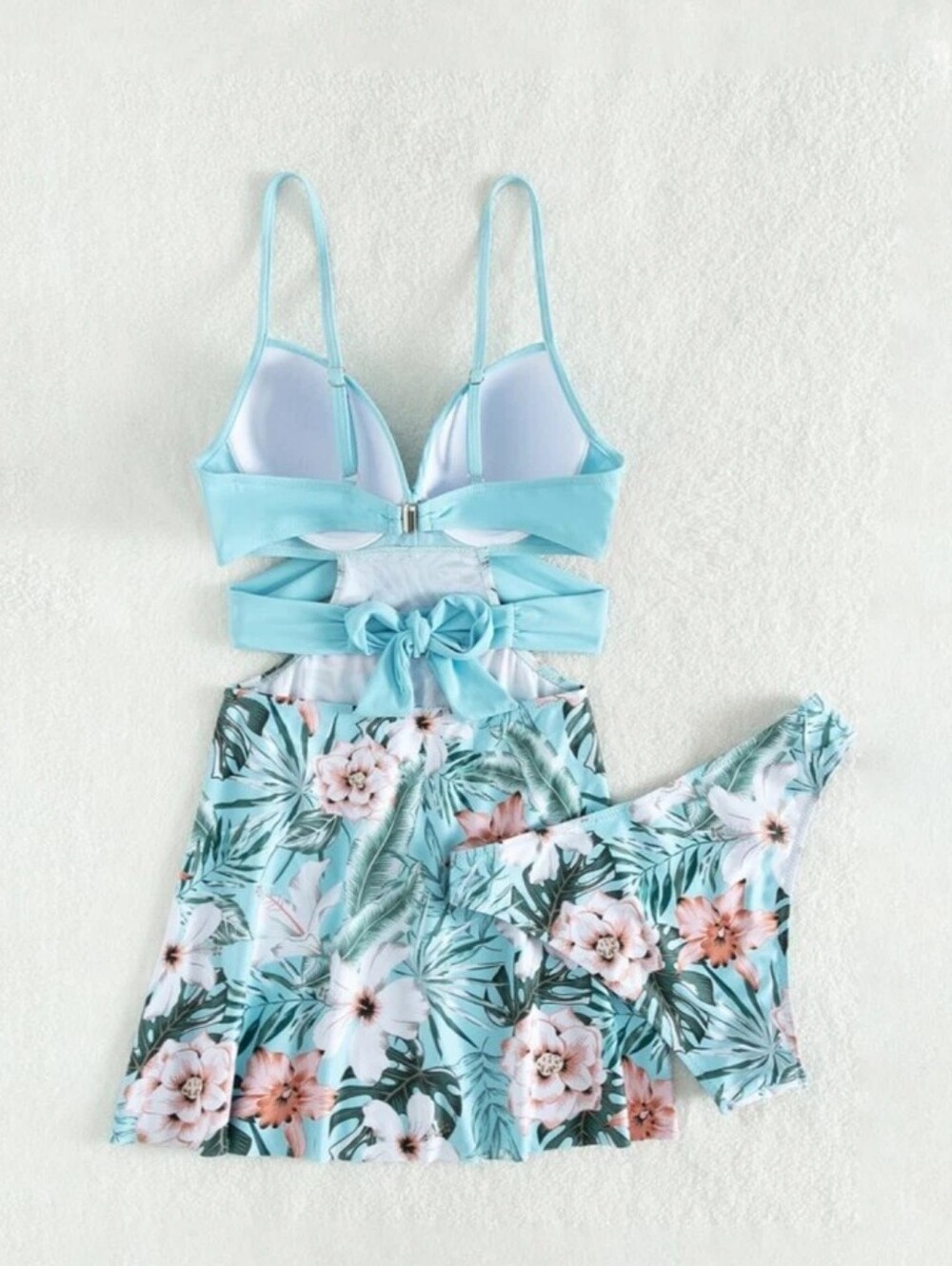 Light Blue Floral Cutout Tankini Swim Dress with Skirt